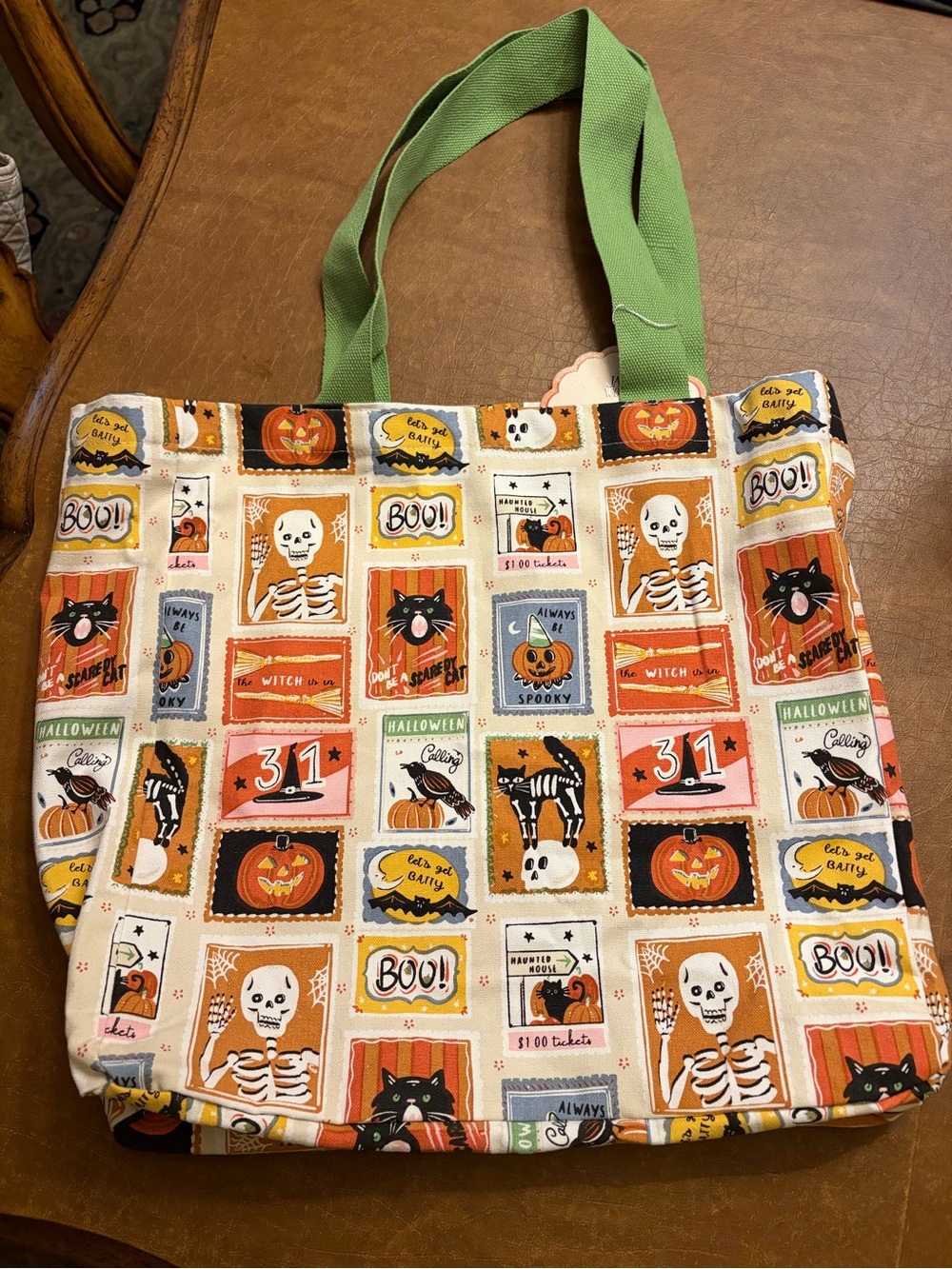 Halloween Trick-or-Treat Tote Bag in Green and Orange